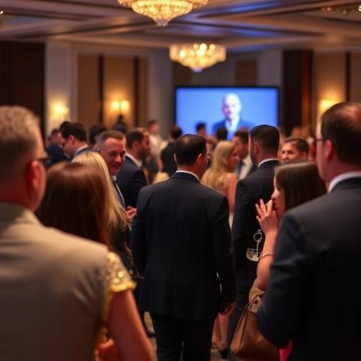 Fotografia di un evento aziendale con persone che interagiscono in un ambiente elegante.