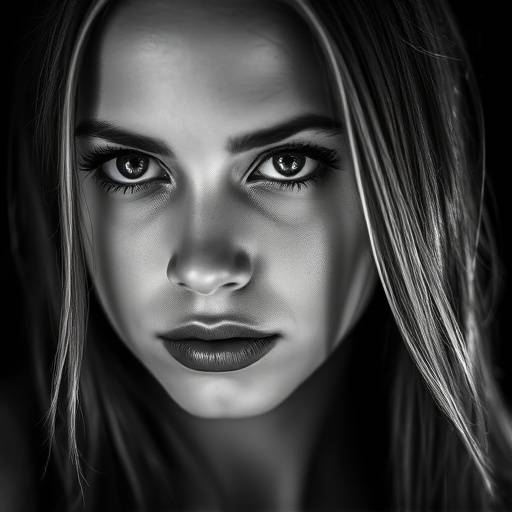 Un ritratto artistico in bianco e nero di una giovane donna con uno sguardo intenso.