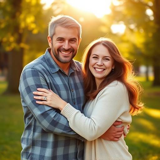 Una famiglia sorridente si abbraccia calorosamente in un parco soleggiato durante una sessione fotografica.