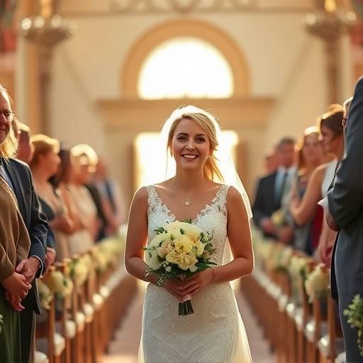 Una sposa radiosa mentre cammina verso l'altare nel giorno del suo matrimonio.